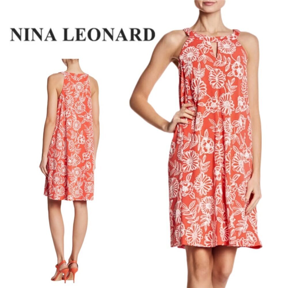 Nina Leonard, Floral Keyhole Halter Sleeveless Swing Dress,‎ Coral, White, Pink